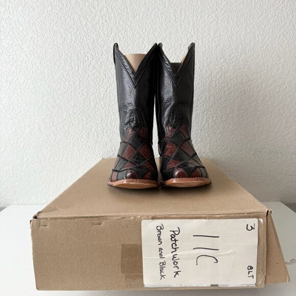 Rod Patrick Mens Patchwork Cowboy Boots 11C Brown Black Leather Western 11" Tall - Picture 11 of 12